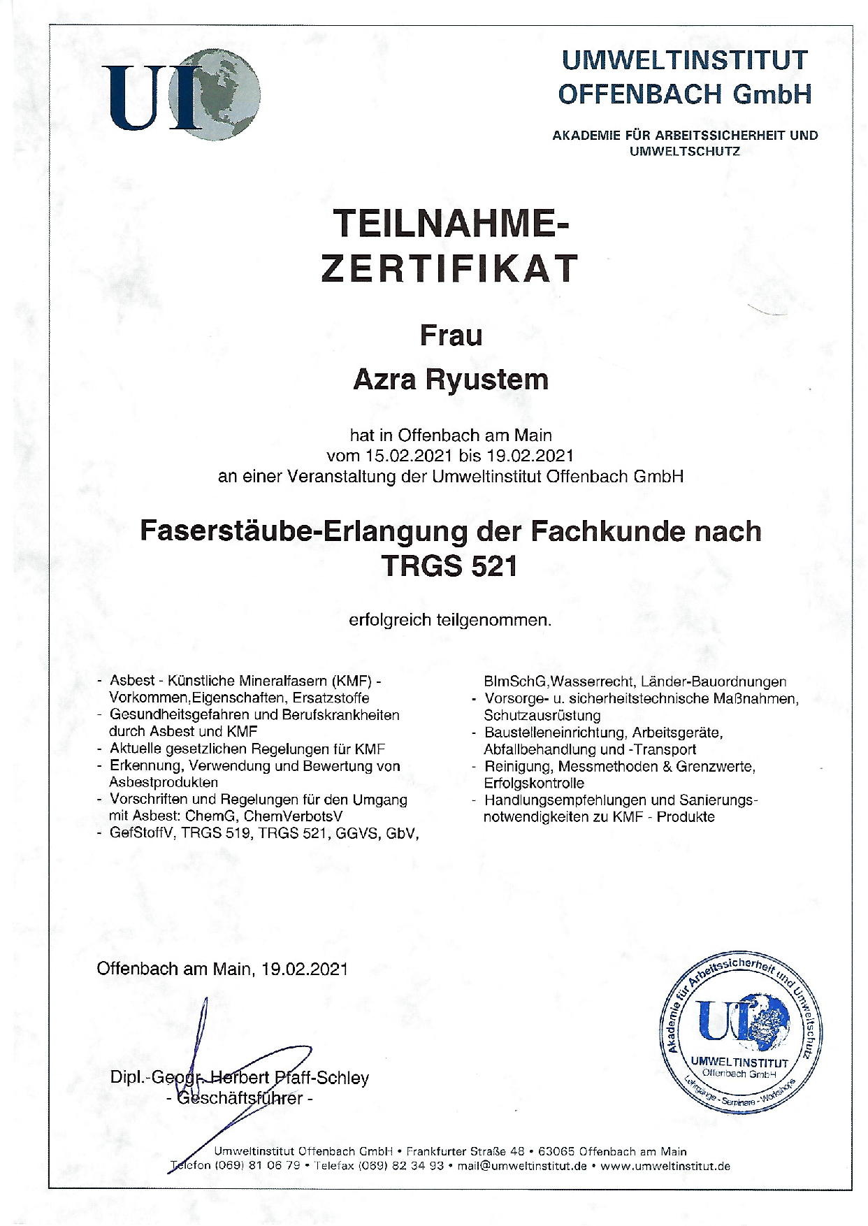 Zertifikat KMF TRGS 521